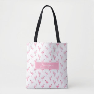 Monogram roze tropische flamingo Summer Patroon Tote Bag