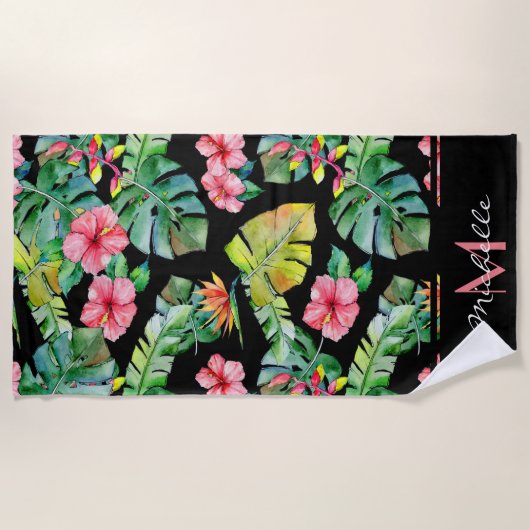 Monogram Roze tropische Floral Hibiscus Black Strandlaken (Voorkant)
