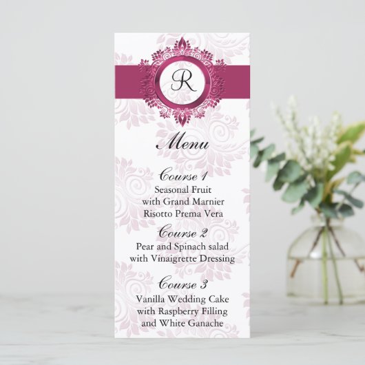 monogram roze trouwmenu menu (Staand voorkant)