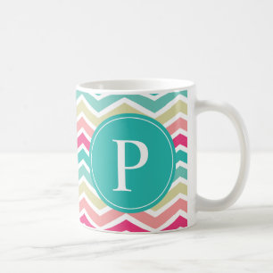 Monogram roze Turquoise Chevron Koffiemok