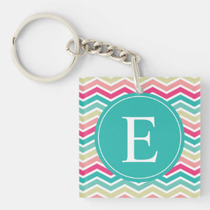 Monogram roze Turquoise Chevron Sleutelhanger