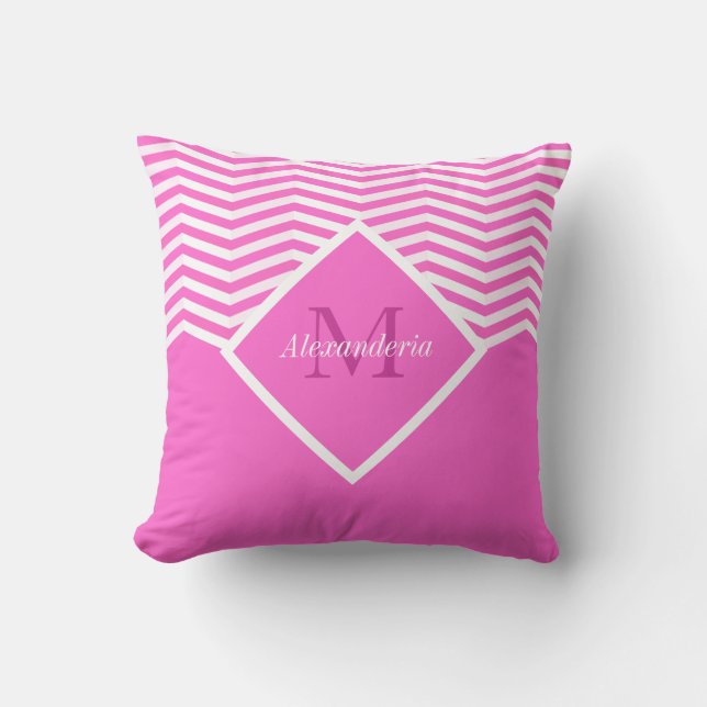 Monogram Roze vaste kleur Witte Chevron Kussen (Voorkant)