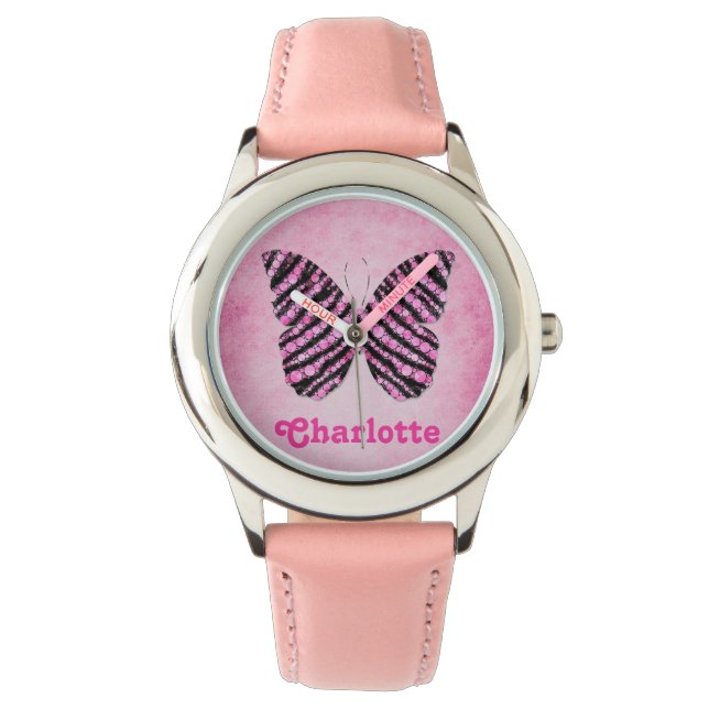 Monogram roze vlindernaam horloge (Voorkant)