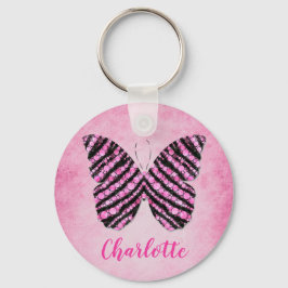 Monogram roze vlindernaam sleutelhanger