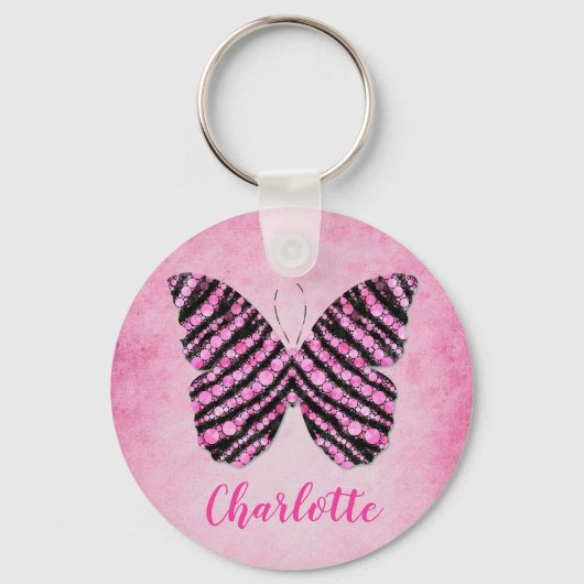 Monogram roze vlindernaam sleutelhanger (Voorkant)