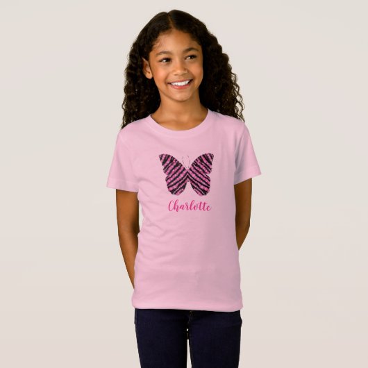 Monogram roze vlindernaam t-shirt (Voorkant volledig)