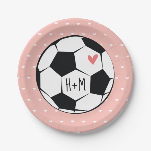 Monogram Roze Voetbal Bruiloft Papieren Bordje (Voorkant)
