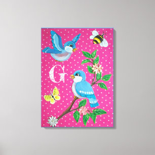 Monogram Roze Vrolijke Bluebird Collage  Canvas Afdruk