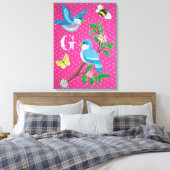 Monogram Roze Vrolijke Bluebird Collage  Canvas Afdruk (Insitu (Slaapkamer))
