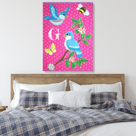 Monogram Roze Vrolijke Bluebird Collage  Canvas Afdruk (Insitu (Slaapkamer))