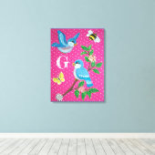 Monogram Roze Vrolijke Bluebird Collage  Canvas Afdruk (Insitu (Houten vloer))