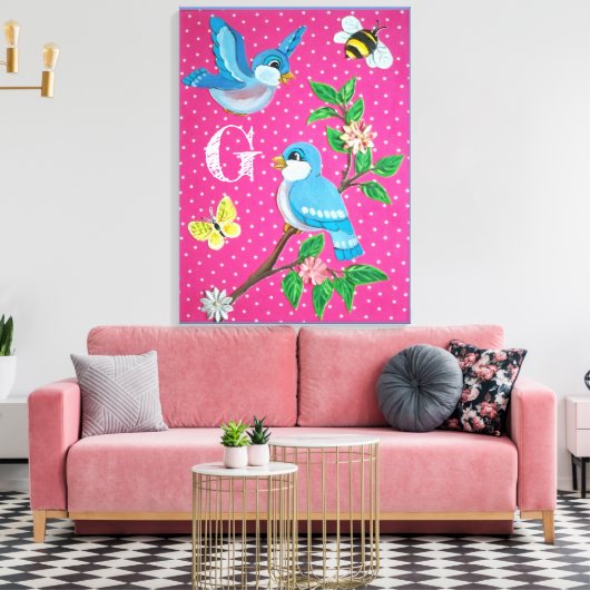 Monogram Roze Vrolijke Bluebird Collage  Canvas Afdruk (Insitu (Woonkamer))