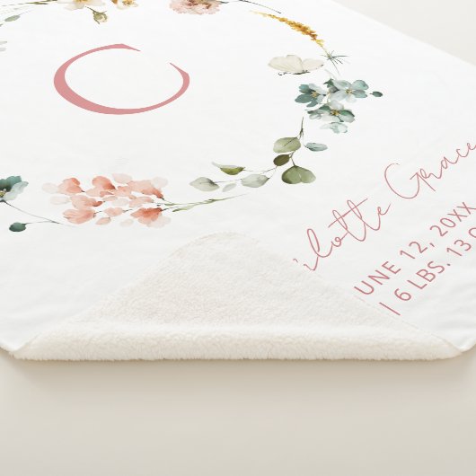 Monogram Roze Waterverf Bloemen Meisje Geboorte St Sherpa Deken (3/4)