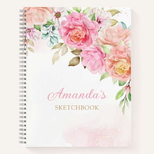 Monogram roze Waterverf Floral Girly op persoonlij Notitieboek (Voorkant)