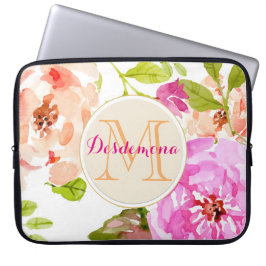 Monogram Roze Waterverf Floral Laptop Sleeve