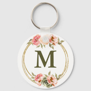 Monogram Roze Waterverf Floral Sleutelhanger