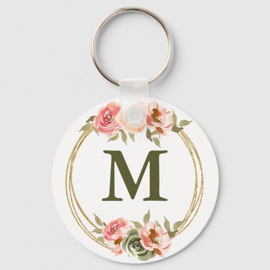 Monogram Roze Waterverf Floral Sleutelhanger (Voorkant)