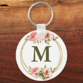 Monogram Roze Waterverf Floral Sleutelhanger (Voorkant)