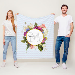 Monogram  roze Waterverf Flowers Fleece Deken