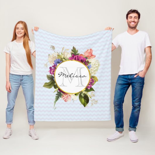 Monogram  roze Waterverf Flowers Fleece Deken (In situ)