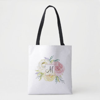 Monogram roze Waterverf Flowers Tote Bag