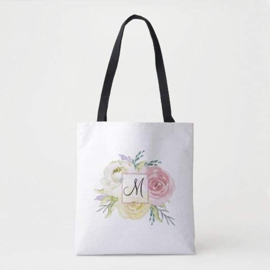 Monogram roze Waterverf Flowers Tote Bag (Voorkant)
