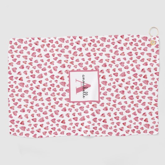 Monogram roze Waterverf Hartpatroon Golfhanddoek (Horizontaal)