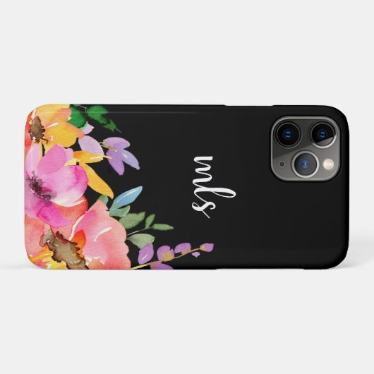 Monogram Roze Waterverf Trendy Floral Black Case-Mate iPhone Case (Achterkant (horizontaal))