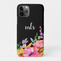 Monogram Roze Waterverf Trendy Floral Black