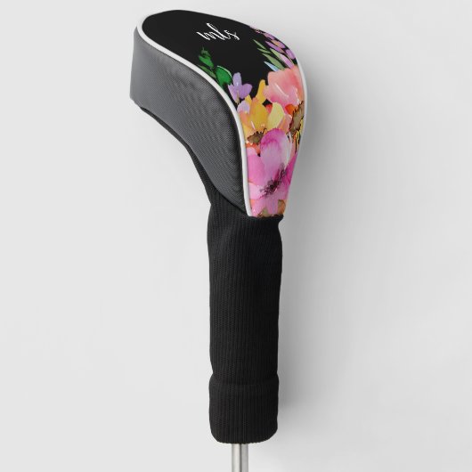 Monogram Roze Waterverf Trendy Floral Black Golfheadcover (Schuin)