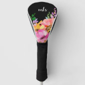 Monogram Roze Waterverf Trendy Floral Black Golfheadcover (Voorkant)