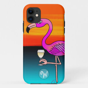Monogram Roze Wijn drinkende Flamingo iPhone 11 Hoesje