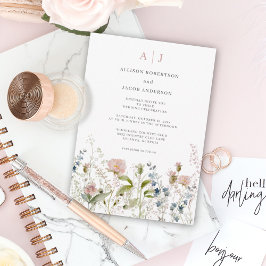 Monogram Roze Wildflower Floral Wedding Kaart