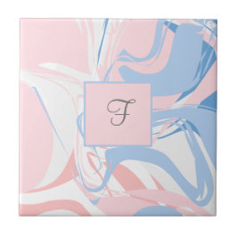 Monogram Roze Wit Blauwe Marmer Wervelend Abstract Tegeltje