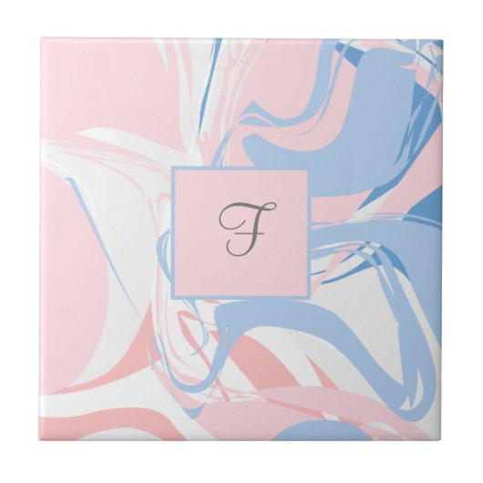 Monogram Roze Wit Blauwe Marmer Wervelend Abstract Tegeltje (Voorkant)