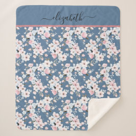 Monogram Roze Wit Donkerblauw Bloem Bloemen  Sherpa Deken