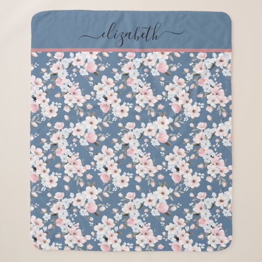 Monogram Roze Wit Donkerblauw Bloem Bloemen Sherpa Deken (Voorkant)