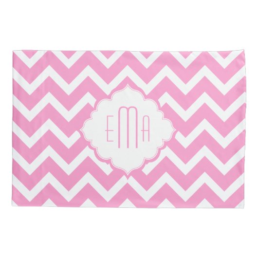 Monogram Roze & Wit Geometrische Zigzag Chevron Kussensloop (Achterkant)