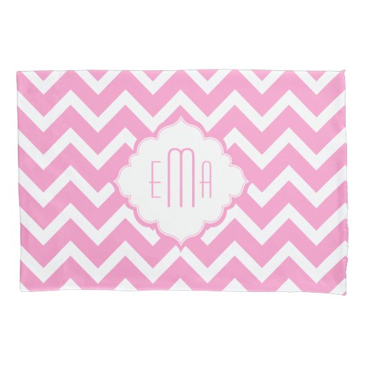 Monogram Roze & Wit Geometrische Zigzag Chevron Kussensloop (Voorkant)