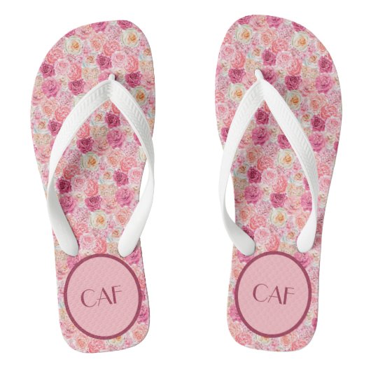 Monogram Roze Wit Magenta Bloemige Elegante Boho Teenslippers (Voetbed)