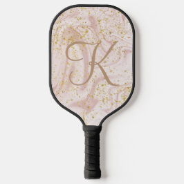 Monogram Roze Wit Marmer Werveling Gouden Glitter  Pickleball Paddle