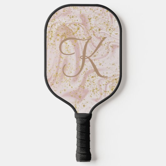 Monogram Roze Wit Marmer Werveling Gouden Glitter Pickleball Paddle (Voorkant)