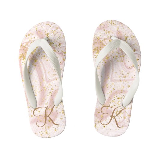 Monogram Roze Wit Marmer Werveling Gouden Glitters Kinder Teenslippers (Voetbed)