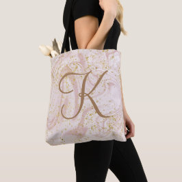 Monogram Roze Wit Marmer Werveling Gouden Glitters Tote Bag