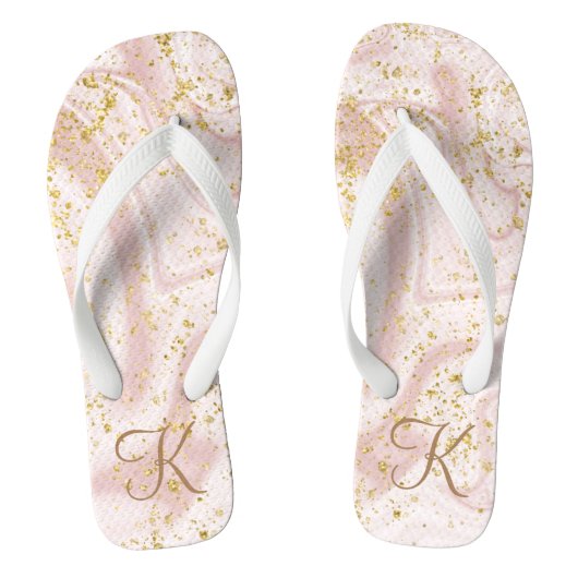 Monogram Roze Wit Marmeren Swirl Gouden Glitter Fl Teenslippers (Voetbed)