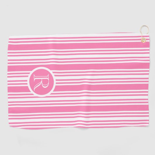 Monogram Roze wit Strepen Patroon Gepersonaliseerd Golfhanddoek (Horizontaal)