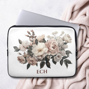 Monogram Roze Wit Vintage Rococo Bloemen Laptop Sleeve