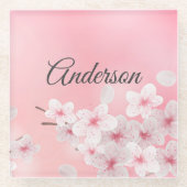 Monogram Roze Witte Cherry Blossom Floral Flowers Glazen Onderzetter (Voorkant)