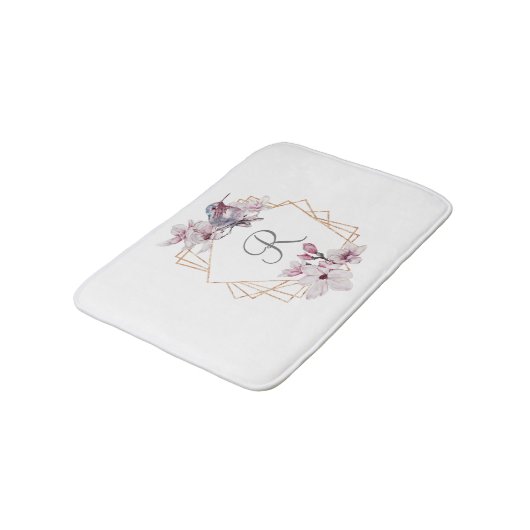 Monogram Roze Witte Magnolias Bird Lijst Badmat (Gekanteld)