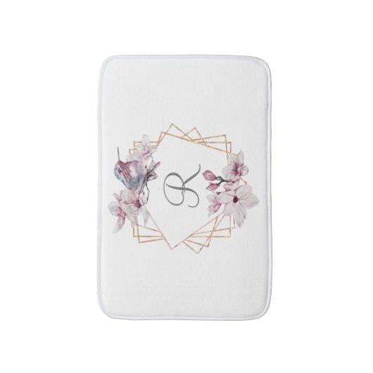 Monogram Roze Witte Magnolias Bird Lijst Badmat (Voorkant Verticaal)